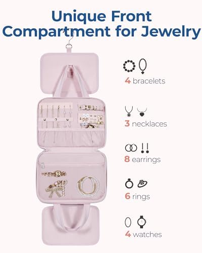 BAGSMART Travel Toiletry Bag with Jewelry Organizer, Hanging Travel Bag for Toiletries, Puffy Makeup Cosmetic Bag Organizer, Carry-on Travel Accessories Essentials, Pink-M - Image 2