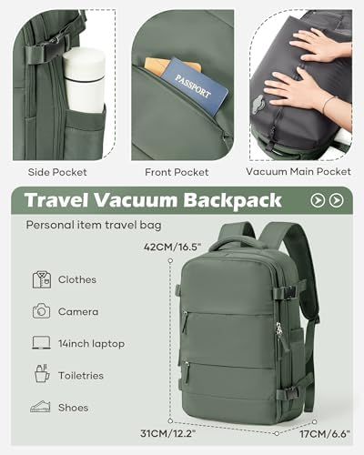 Vacuum Backpack Travel Laptop Backpacks For Women Men Carry On Backpack With Vacuum Compression Bags Seal Packing Personal Item Travel Bag Airback Backpacks With Pump Olive Green - Image 2
