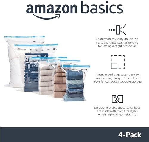 Amazon Basics Vacuum Compression Space Saving Storage Bags with Hand Pump for Clothes Packing, Ideal for Blankets, X-Jumbo Pack of 4 - Image 2