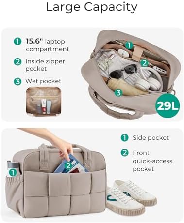 BAGSMART Gym Bag for Women, 29L Puffer Travel Duffle Bag for Travel with Laptop Compartment, Weekender Bags for Women, Carry On Duffel Bag Personal Item Bag, Camel - Image 4