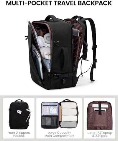 LOVEVOOK Carry on Travel Backpack, Large 50L for Men & Women Flight Approved with USB Charging Port&3 Packing Cubes, Large Suitcase Water Resistant Luggage Daypack Business Weekender Bag, Black - Image 4