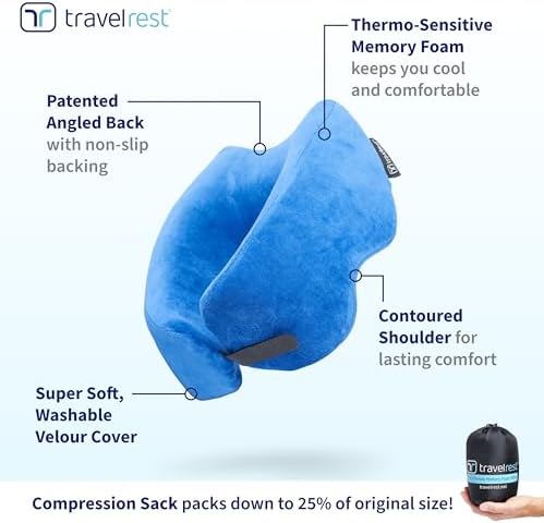 TRAVELREST Nest Memory Foam Travel Neck Pillow, Advanced Support for Long Flights, Patented Design, Optimal Relaxation, Compact, Ergonomic, and Washable, On-The-Go, Attaches to Luggage - Blue - Image 4