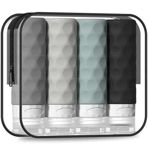 Travel Bottles for Toiletries, 4pcs Tsa Approved 3oz Travel Size Containers, BPA Free Leak Proof Premium Silicone Bottles, Refillable Liquid Squeezable Accessories W/Toiletry Bag