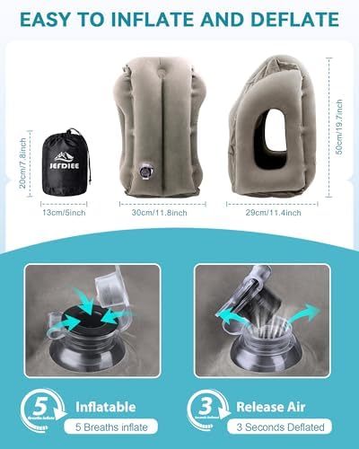 JefDiee Inflatable Travel Pillow, Airplane Neck Pillow Comfortably Supports Head and Chin for Airplanes, Trains, Cars Office Napping on The Tray Table (Grey) - Image 6