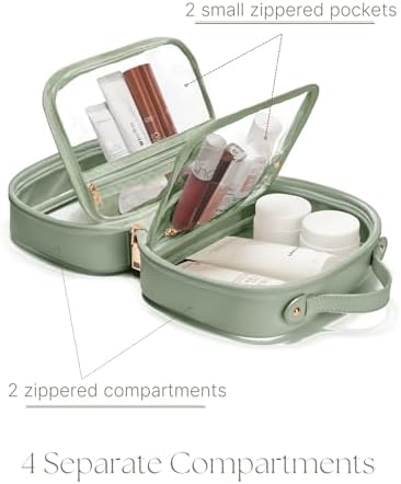 Clear Cosmetic Bag Double Layer 4 Compartments Travel Toiletry Bag Clear Makeup Bag Case with Zipper Transparent Travel Bag for Toiletries, TSA Approved, Gift for Women Girls (Sage Green) - Image 3