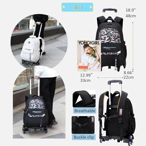 Rolling Backpack for Boys Roller Backpack Kids Bookbag with Wheels Wheeled School Bag for Teen Boys Black - Image 2