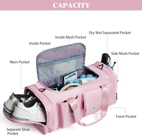 BSHG 21 inch Gym Bags For Men & Women With Shoes Compartment And Wet Pocket, Sports Duffle Bag, Workout Bags For Gym Swimming Yoga,Waterproof Weekend Overnight Carry On Bag B-GC-002-Pink - Image 4