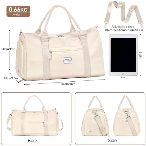 FIORETTO Womens Gym Tote Duffle Bag with Wet Pocket & Shoe Compartment, Sports Duffel Overnight Weekender Hospital Workout Carry on Bag for Girls, Ideal for Travel, Swimming, Dance, Ballet Beige - Image 3