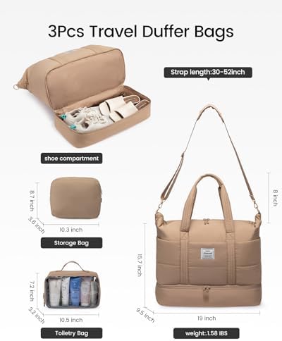 LOVEVOOK Travel Duffle Bag for Women, 3Pcs Puffer Large Weekender Overnight Bag with Shoe Compartment, Water Resistant Gym Duffel Bag, Carry on Bag for Hospital Delivery with Toiletry Organizer - Image 4