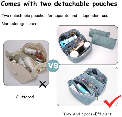 BOYATU Travel Makeup Bags Cosmetic Organizer Bag: 3-Set Large Capacity Make up Bag - PU Leather Toiletry Bags for Women - Wide Open Portable Pouch with Divider & Handle (01-Light Blue) - Image 7