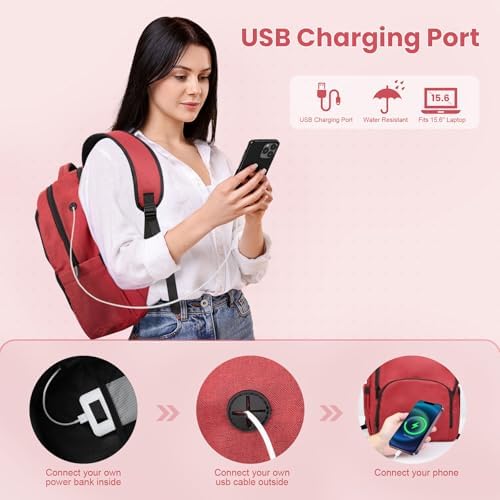 Laptop Backpack, Travel Backpack for Men Women, Business Anti Theft Computer Back Pack with USB Charging Port, Water Resistant School Backpack Work Back Pack Bookbag Fits 15.6 Inch Notebook, Red - Image 5