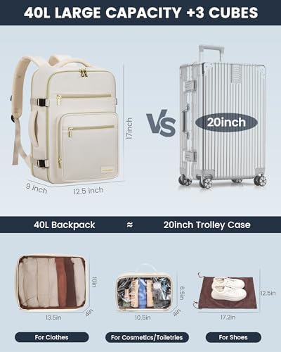 LOVEVOOK Travel Backpack For Women,40L Carry On Backpack Flight Approved,TSA Personal Item Travel Bag Fits 17 Inch Laptop,Business Weekender Overnight Daypack with Toiletry Bag and Cube,White - Image 3