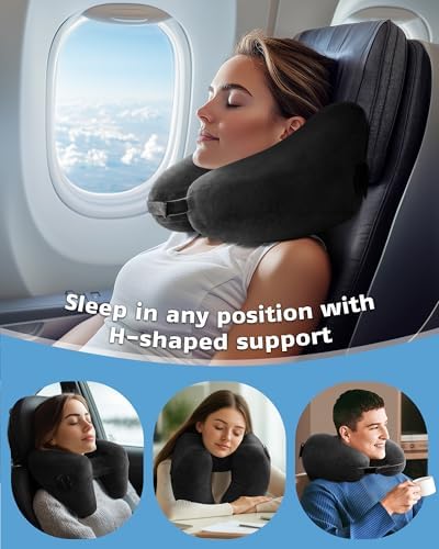 Travel Pillow Inflatable Neck Pillow Airplane Pillow with Velvet Cover Inflatable Pillow for Car/Train/Plane (Black, M) - Image 2