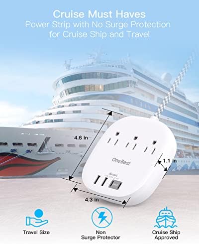 One Beat Flat Plug Power Strip, 5ft Flat Extension Cord, 3 Outlets 4 USB Ports (2 USB C) 22.5W/4.5A Desktop Charging Station Cruise Ship Power Strip No Surge Protection, Dorm Room Travel Essentials - Image 5