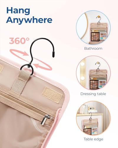 BAGSMART Makeup Bag for Women with Hanging Hook, Large Portable Capacity Water-resistant Organizer Travel Case for Toiletries and Cosmetics, Pink - Image 6