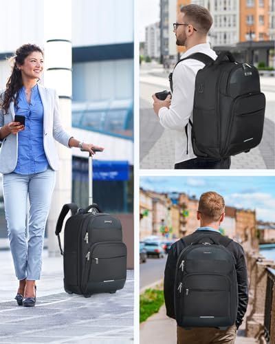 Rolling Backpack, 30L Travel Laptop Backpack with Wheels, 15.6 Inch Roller Carry on Luggage with USB Charging Port, Flight Approved Personal Item Wheeled Suitcase for Men Women Adults, Black - Image 7