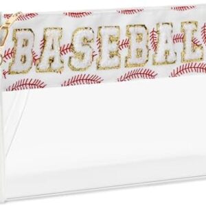 Remerry Clear Chenille Letter Makeup Bag Stand up Snack Bags Preppy Cosmetic Pouch Expandable Clear Travel with Wrist Strap Zipper Portable Multipurpose PVC Nylon for Women Travel(White,Baseball)
