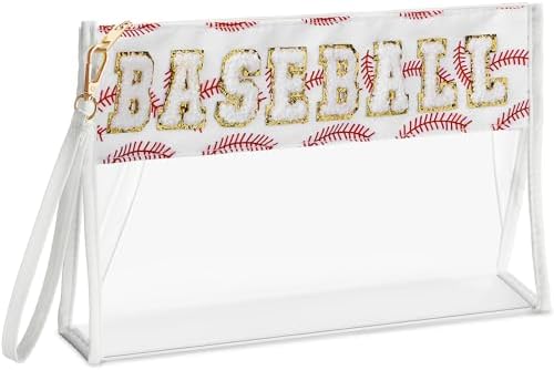 Remerry Clear Chenille Letter Makeup Bag Stand up Snack Bags Preppy Cosmetic Pouch Expandable Clear Travel with Wrist Strap Zipper Portable Multipurpose PVC Nylon for Women Travel(White,Baseball)