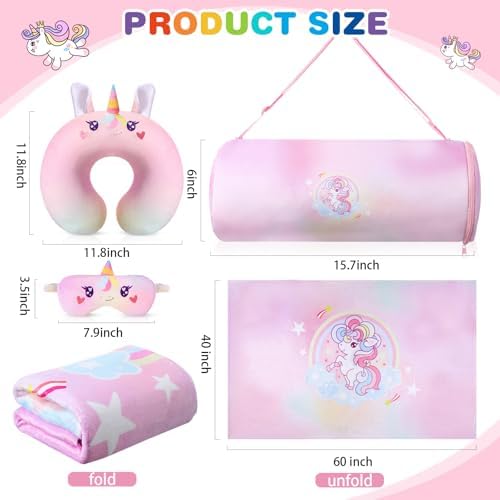 4 Pcs Unicorn Travel Pillow and Blanket Set for Kids Unicorn Airplane Blanket Memory Foam Neck Pillow Eye Mask Pink Storage Bag Kids Travel Essential Gifts for Girl Airplane Car Trip Home Use - Image 2