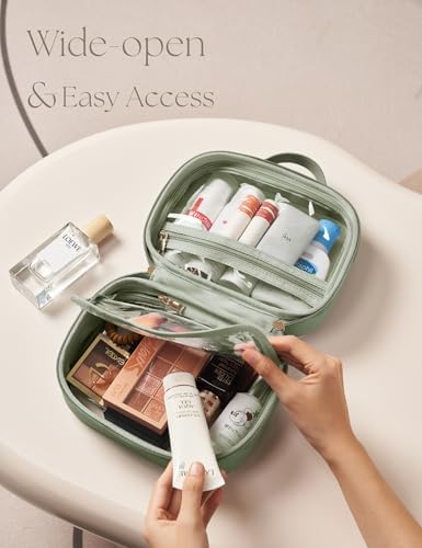 Clear Cosmetic Bag Double Layer 4 Compartments Travel Toiletry Bag Clear Makeup Bag Case with Zipper Transparent Travel Bag for Toiletries, TSA Approved, Gift for Women Girls (Sage Green) - Image 2
