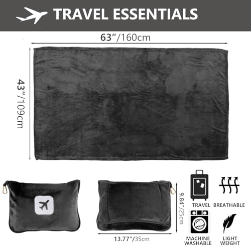 2 Pack Portable Travel Blanket and Pillow - Premium Soft 2 in 1 Airplane Blanket with Compact Pack Soft Bag Pillowcase, Hand Luggage Sleeve and Backpack Clip (Gray+Pink) - Image 3