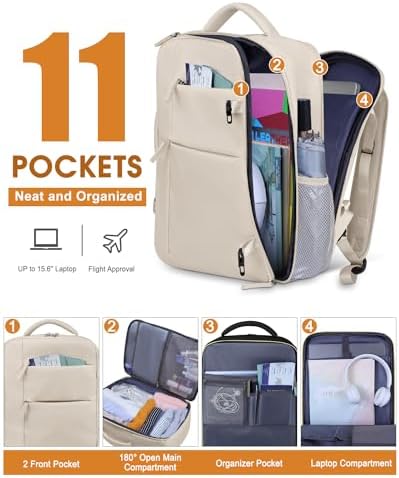 Capolo Travel Backpack for Women Men Waterproof Laptop Backpack Airlines Approved Carry On Backpack Bag Computer Bookbag for Business, Work, Traveling Fits 15.6 Inch Laptop(Beige) - Image 3