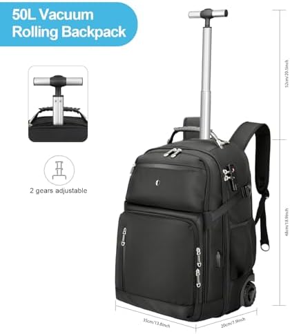 Vacuum Rolling Backpack,50L Roller Travel Laptop Backpack with Anti-Theft,rolling backpack for travel,Water-Resistant Carry-On Luggage,Business and Commuting (A) - Image 8