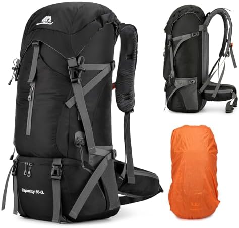 ShowyLive 70L Hiking Backpack Men/Women, Lightweight Camping Backpack, Foldable & Packable Daypack Backpacks for Outdoor, Travel Bag With Rain Cover (Black)