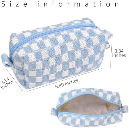 Small Cute Checkered Makeup Bag - Portable Cosmetic Pouch with Zipper, Travel Toiletry Bag, Purse Organizer, Beauty Storage, Blue - Image 3