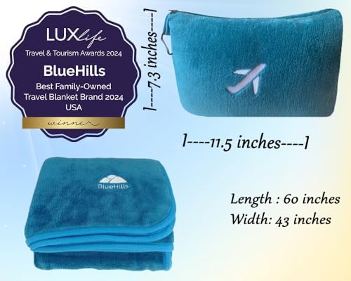 BlueHills Travel Blanket Pillow in Mini Soft Case Premium Plush Airplane Blanket in Soft Bag Compact Pack with Luggage Belt and Backpack Clip Airline Car 2 in 1 Traveler Essentials - Teal Blue M03 - Image 3