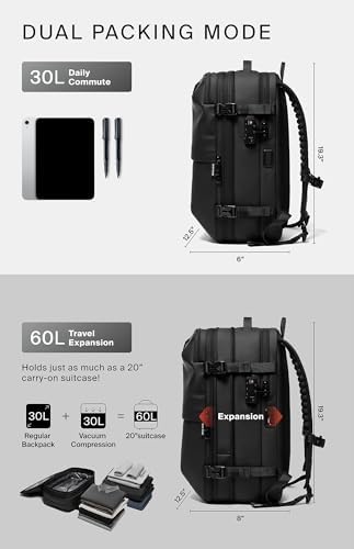 Vortex Vacuum Seal Travel Backpack 60L Exapandable Air Compression System Water Resistant TSA Lock Carry-On Suitcase Luggage Black AERO - Vacuum Pump Included - Image 6