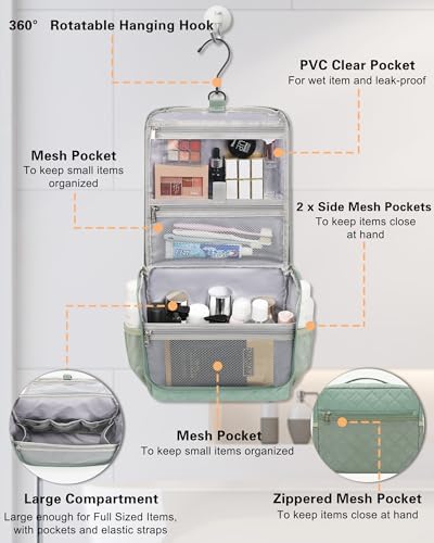 Relavel Toiletry Bag for Men, Hanging Travel Makeup Bag for Women, Waterproof Large Cosmetic Organizer Multiple Compartments for Accessories, Full Sized Toiletries Dopp Kit Shaving Bag (Green, Medium) - Image 3