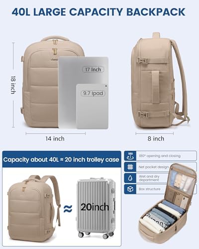 LOVEVOOK Travel Backpack for Women Men, 40L Lightweight Puffy Flight Approved Carry On Backpack Fits 17'' Laptop, TSA Personal Item Travel Bag, Waterproof Weekender Trip Work Luggage Daypack, Khaki - Image 5