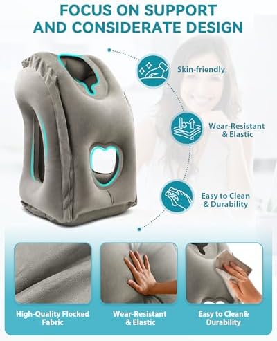 JefDiee Inflatable Travel Pillow, Airplane Neck Pillow Comfortably Supports Head and Chin for Airplanes, Trains, Cars Office Napping on The Tray Table (Grey) - Image 3