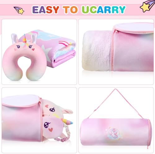 4 Pcs Unicorn Travel Pillow and Blanket Set for Kids Unicorn Airplane Blanket Memory Foam Neck Pillow Eye Mask Pink Storage Bag Kids Travel Essential Gifts for Girl Airplane Car Trip Home Use - Image 3