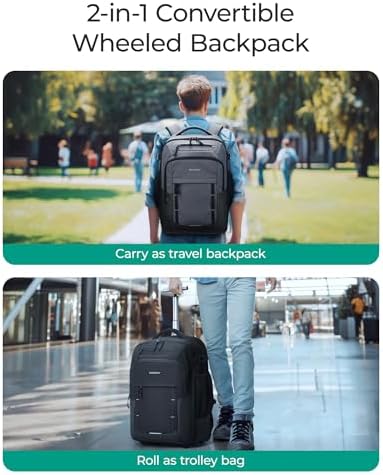 BAGSMART Rolling Backpack, 17 Inch Travel Laptop Wheeled Backpack, 40L Large Carry-On Luggage with Wheels for Men Women, Water-Resistant Overnight Work College Trolley Bag, Black - Image 2