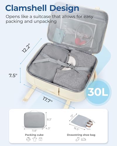 BAGSMART Travel Backpack for Women Men, 30L Carry on Backpack for Airplanes, 17 Inches Backpack for Women, with Shoe Bag & Storage Bag, Backpack Suitcase for Travel, Beige - Image 4