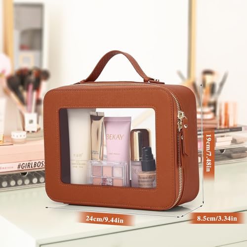 Clear Makeup Bag Waterproof Travel Case for Cosmetics and Toiletries Women's Makeup Organizer and Car Bag with Zipper (X/Brown, L-1) - Image 3