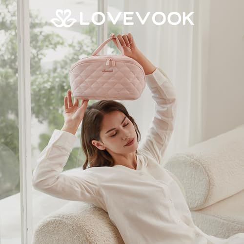 LOVEVOOK Travel Makeup Bag for Women, 2Pcs Set Puffer Waterproof Cosmetic Organizer, Large Capacity Pouch Open Flat Toiletry Bag with Divider & Handle, Portable Gift for Her, Pink - Image 2