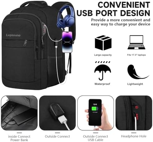 Travel Backpack, Large Carry on Backpack, 17 Inch Laptop Bag, Big Sturdy TSA-Friendly with USB Port College School Rucksack Bag, Gifts for Him Men Women, Black - Image 6