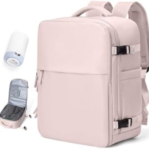 Vacuum Travel Backpack with Pump for Women,Airback Personal Item Carry on Backpacks Flight Approved 18x14x8 inches for Men,Laptop Waterproof Work Compression bags Casual Daypack,Pink.