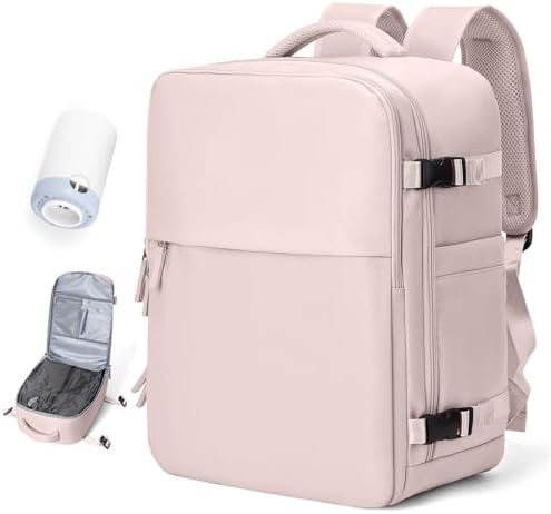 Vacuum Travel Backpack with Pump for Women,Airback Personal Item Carry on Backpacks Flight Approved 18x14x8 inches for Men,Laptop Waterproof Work Compression bags Casual Daypack,Pink.