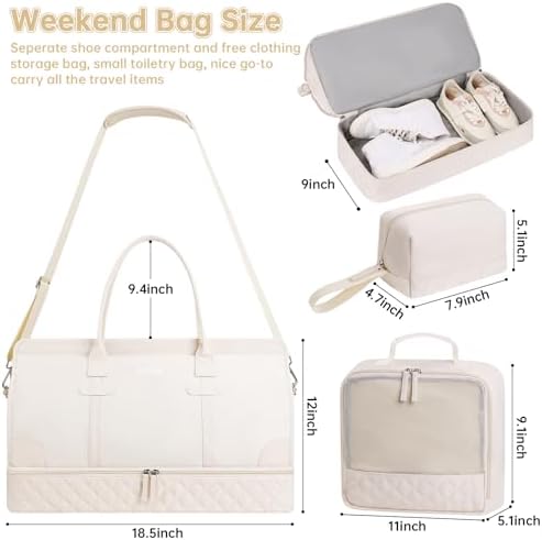 ETRONIK Weekender Overnight Bags for Women, Large Travel Duffle Bags with Shoe Compartment & Wet Pocket, Carry On Tote Bag Gym Duffel Bag with Toiletry Bags for Hospital 3 Pcs Set, Large Size, Beige - Image 2