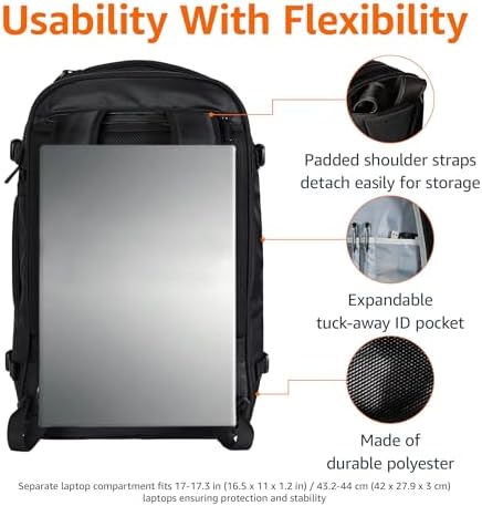 Amazon Basics Travel Backpack Carry On Flight Approved, Lightweight, Expandable, Dual Use as Backpack or Shoulder Bag, Black - Image 2