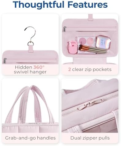 BAGSMART Travel Toiletry Bag with Jewelry Organizer, Hanging Travel Bag for Toiletries, Puffy Makeup Cosmetic Bag Organizer, Carry-on Travel Accessories Essentials, Pink-M - Image 5