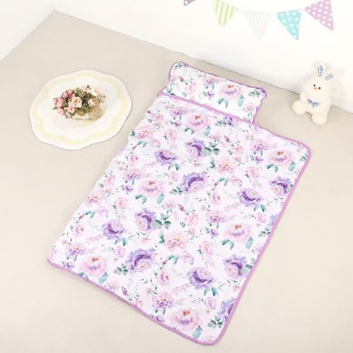 Toddler Nap Mat with Removable Pillow & Soft Minky Blanket, HNHUAMING Extra Large Rolled Napping Mats for Girls Boys, Purple Kids Slumber Bags for Daycare, Preschool Travel Camping, Floral - Image 6