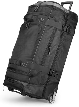 Amazon Basics 35-Inch Large Rolling Duffle Bag with Wheels and Handle, Travel Duffle Bag with Durable Ripstop Polyester Material, 2 Layers of Space, Multiple Interior and Exterior Pockets, Black