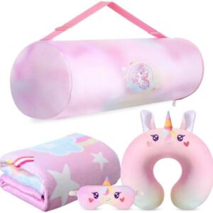 4 Pcs Unicorn Travel Pillow and Blanket Set for Kids Unicorn Airplane Blanket Memory Foam Neck Pillow Eye Mask Pink Storage Bag Kids Travel Essential Gifts for Girl Airplane Car Trip Home Use