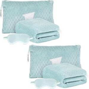 Plush & Plaid 2-Pack Travel Blanket Airplane Compact with Bag, Mid-Weight Soft Throw Blanket Pillow for Long/Short Flight, Portable Packable with Luggage Sleeve and Backpack Clip, 40x65, Blue