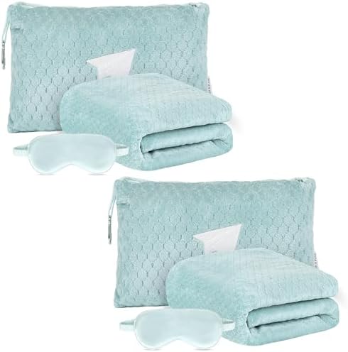 Plush & Plaid 2-Pack Travel Blanket Airplane Compact with Bag, Mid-Weight Soft Throw Blanket Pillow for Long/Short Flight, Portable Packable with Luggage Sleeve and Backpack Clip, 40x65, Blue